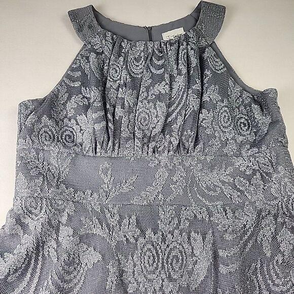 J. Taylor Silver Halter Party Dress Size 14 Floral Lace Shimmer Gathered Waist - Picture 2 of 11